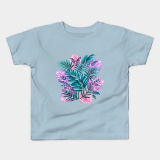Pink & Teal Tropical Palm & Monstera Leaves Kids T-Shirt